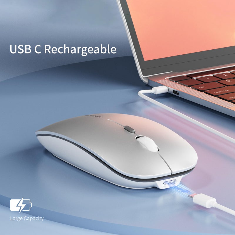 Uciefy Q5 Slim Rechargeable Wireless Mouse, 2.4G Portable Optical Silent Ultra Thin Wireless Computer Mouse with USB Receiver and Type C Adapter, Compatible with PC, Laptop, Notebook, Desktop (Silver) - Image 3
